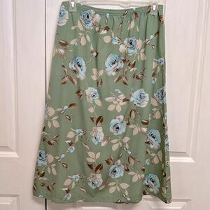 Pastel Green Blue Rose Print Pull on Midi Skirt Size M